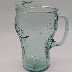 Vintage Heavy Green Pebbled Glass Coca-Cola / Coke  Pitcher 64 Oz w/ Ice Lip